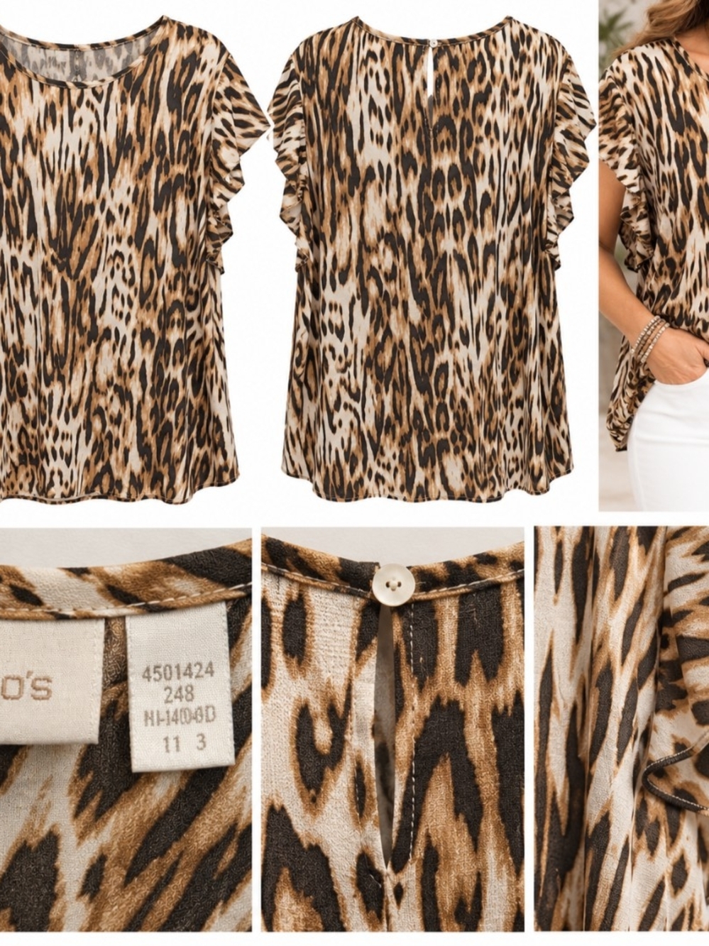 Chico’s Size 3 Animal Print Blouse – Brown/Cream – Flutter Sleeve – Women’s XL
